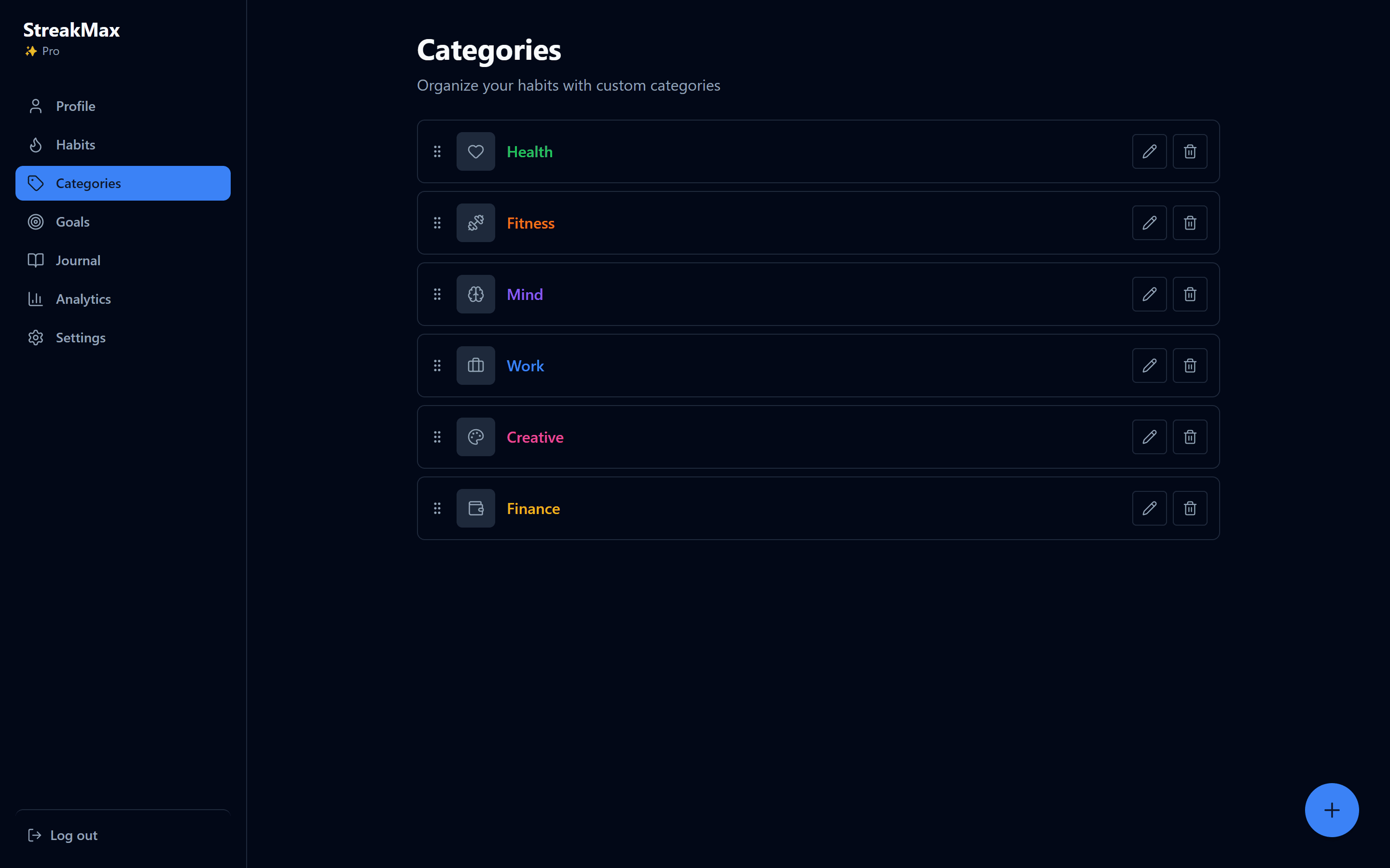 StreakMax categories page showing six color-coded categories