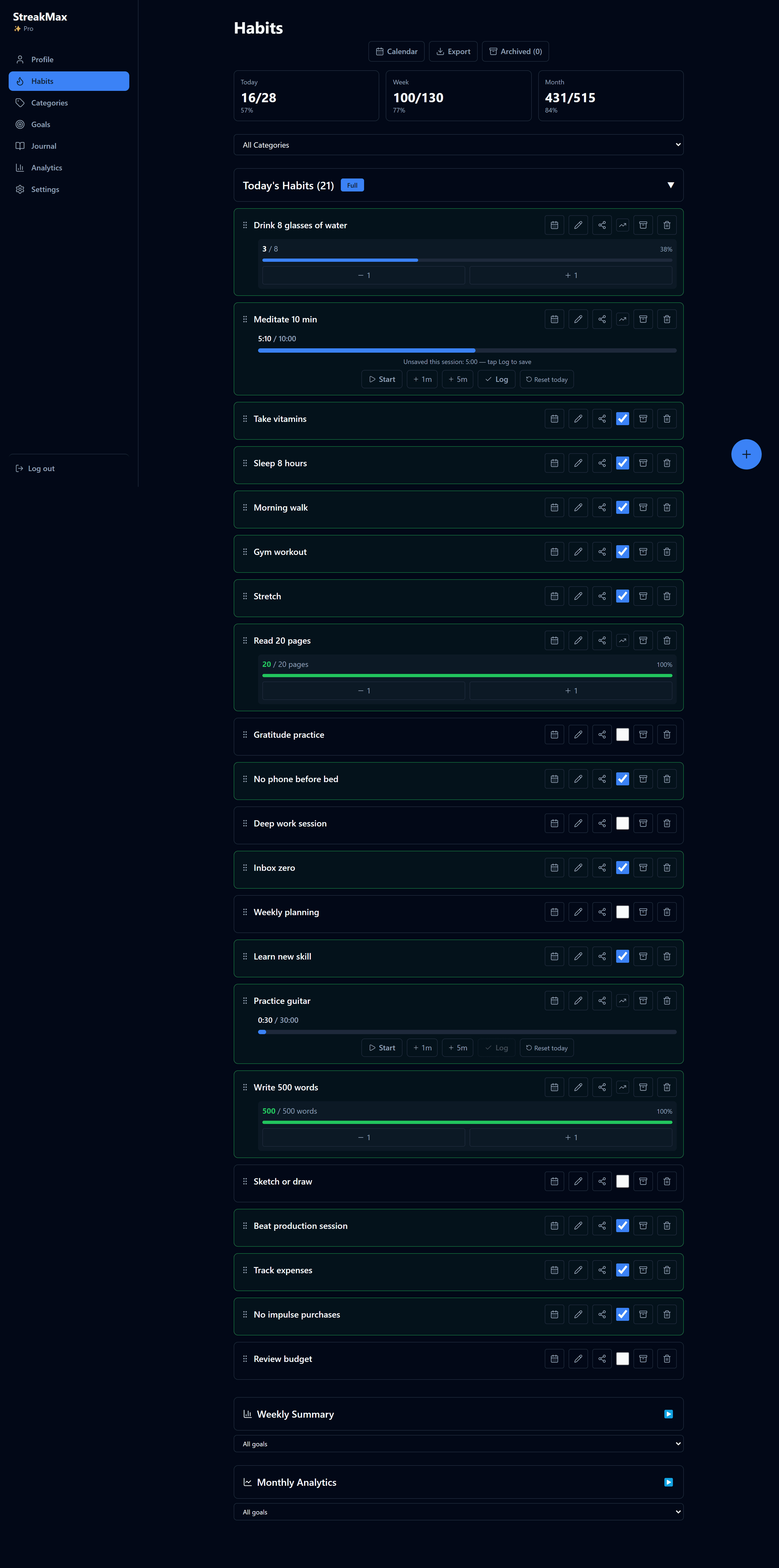 StreakMax habits page showing 21 tracked habits with streaks, progress bars, and daily stats